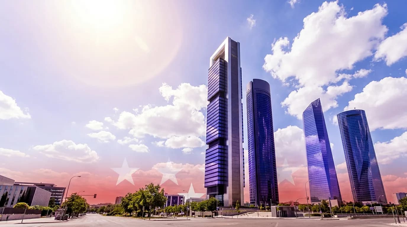 Las Cuatro Torres de Madrid con reflejos en los colores de la web